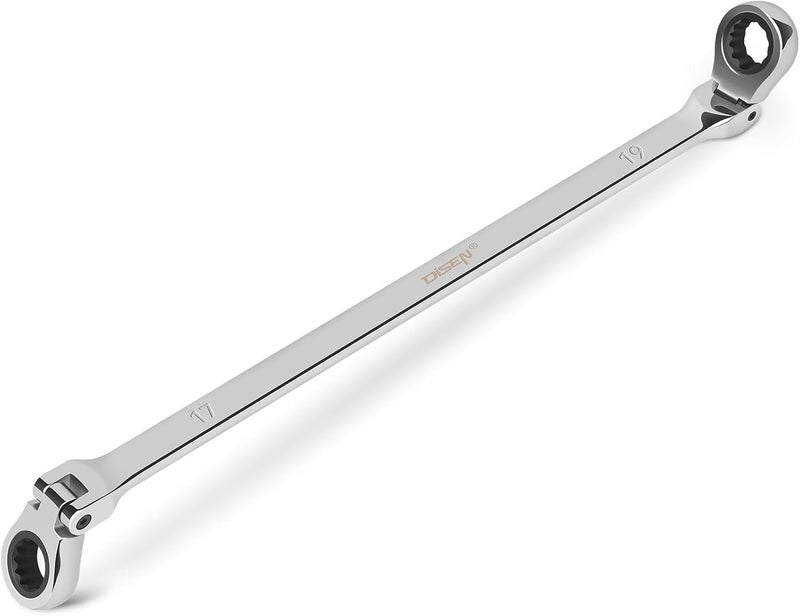 DISEN 17-19mm Extra Long Flex Head Ratcheting Wrench, Double Box End Long Reach Ratchet Wrench, CRV Steel, Metric - Image 1